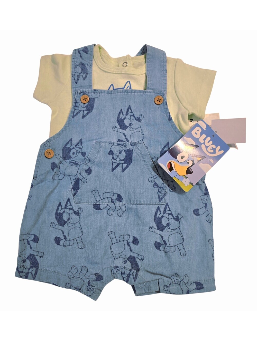 NWT Bluey Baby Outfit Shortalls & T-Shirt 2 Piece Blue Denim Look 0-3M